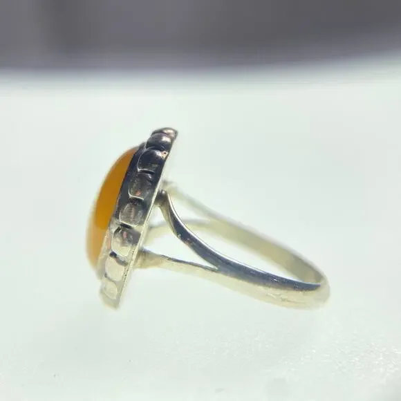 925 Sterling Silver Orange Amber Cabochon Ring Bezel Set Size 7 Boho